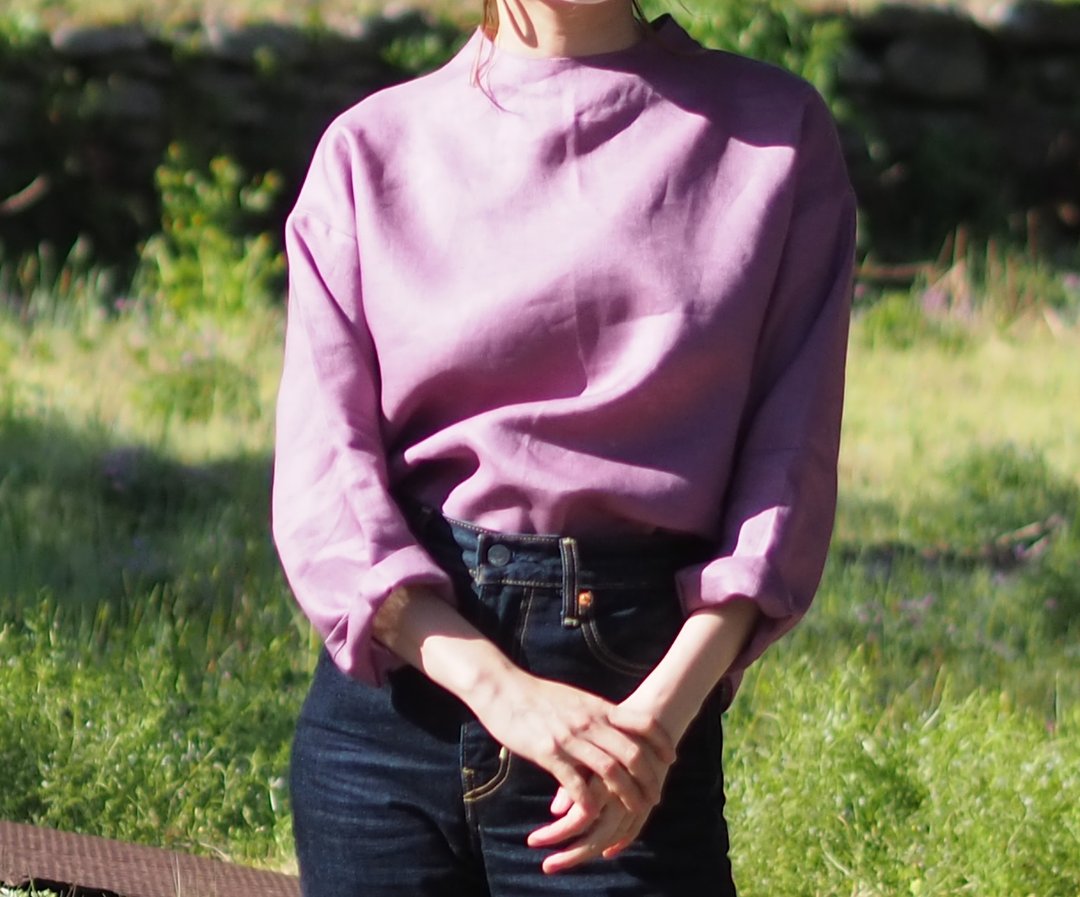 Linen Long Sleeve T-shirt Blouse Rose Pink - 女装衬衫 - 棉 紫色