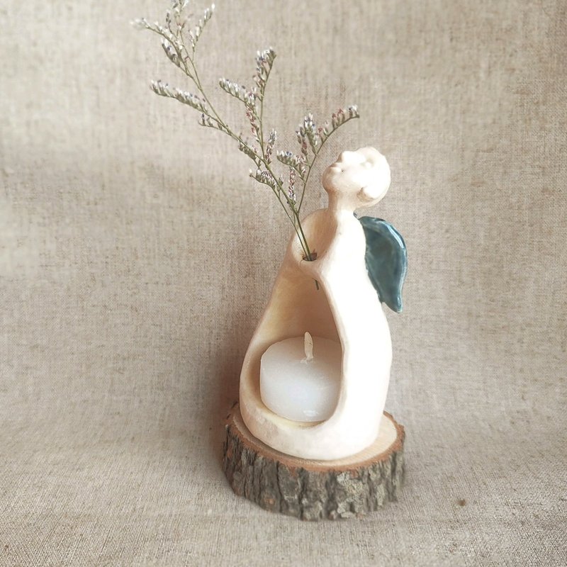娃娃香插烛台-天使香插烛座-小花插-手作陶-香插座 - 蜡烛/烛台 - 陶 