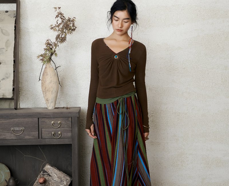 【异域诗画】新中式复古藏风 绿松石解构上衣/半身裙 - 女装上衣 - 棉．麻 咖啡色