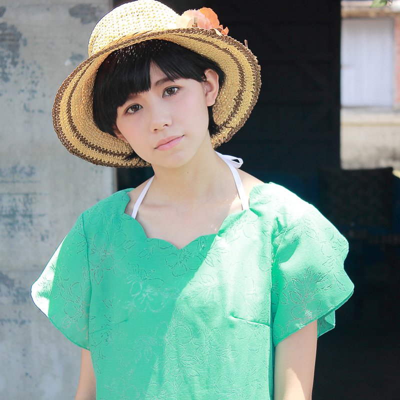 **湖水绿 绿色 /两件式  美形领口花纹洋装/内搭绑带纯棉白 洋装 - 洋装/连衣裙 - 棉．麻 绿色