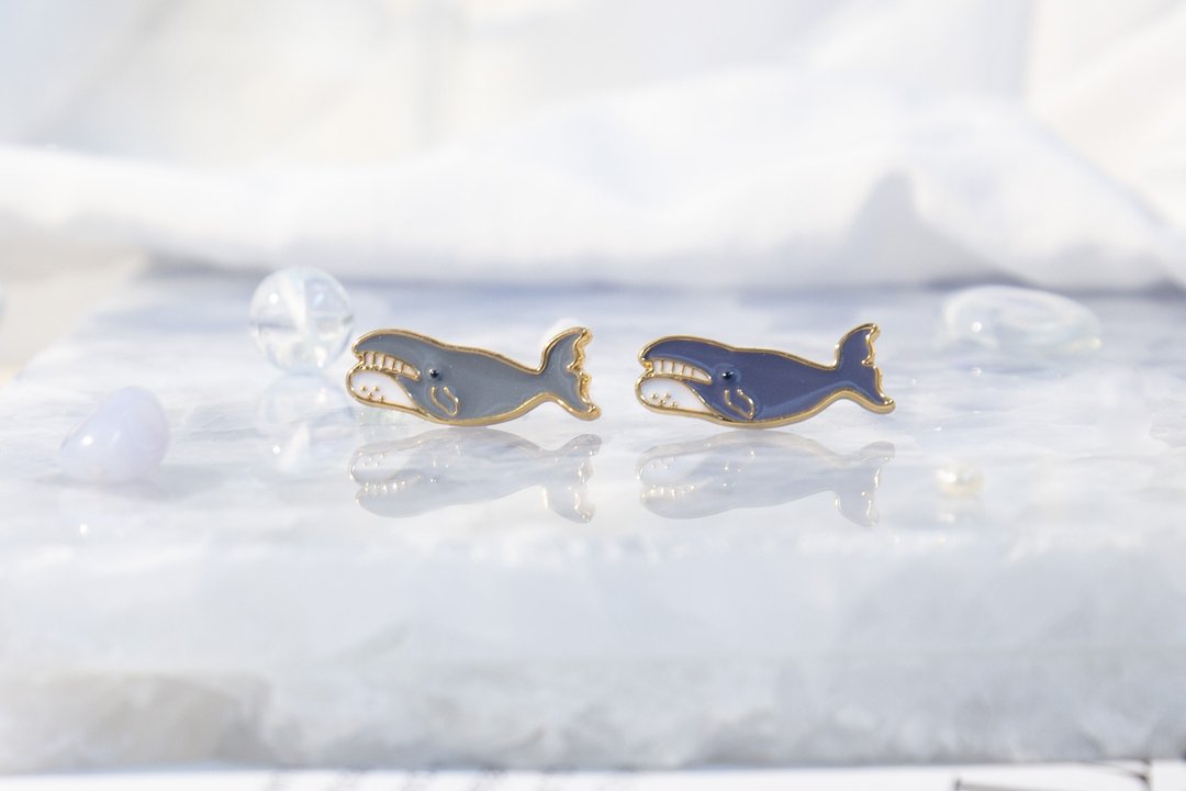 弓头鲸 Bowhead whale 鲸鱼 海洋 夹式耳环 医疗钢针 生日礼物 - 耳环/耳夹 - 珐琅 蓝色