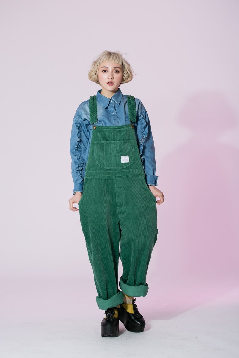 :EMPHASIZE灯芯绒工作感宽松吊带裤-绿色 - 背带裤/连体裤 - 其他材质 绿色