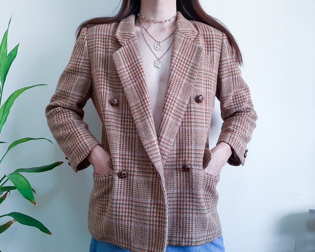 复古羊毛格子双排扣西装外套 M 码女式西装外套 男式西装外套 - 女装西装外套/风衣 - 羊毛 咖啡色