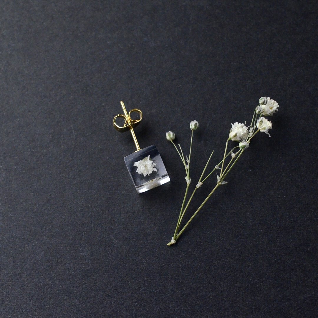 Blurred grass stud earrings for one ear dry flower / resin / stainless steel / Japanese design - 耳环/耳夹 - 树脂 白色