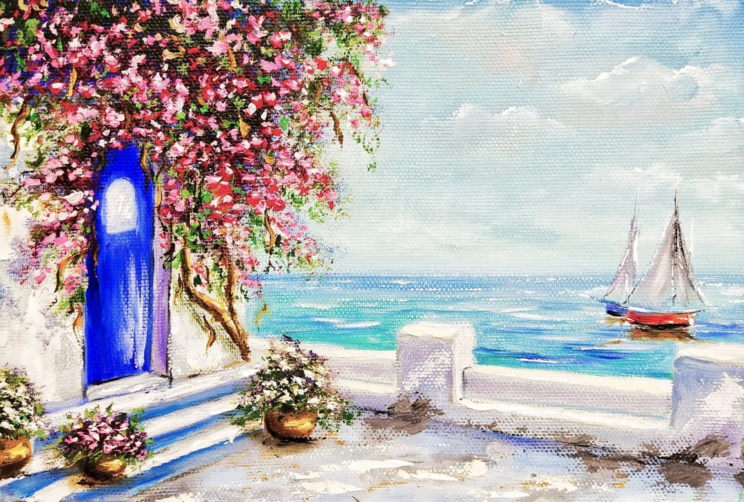 Hadmade Oil Painting Greece Seascape Painting on Canvas 掛畫, 油畫原作 - 海报/装饰画/版画 - 棉 多色