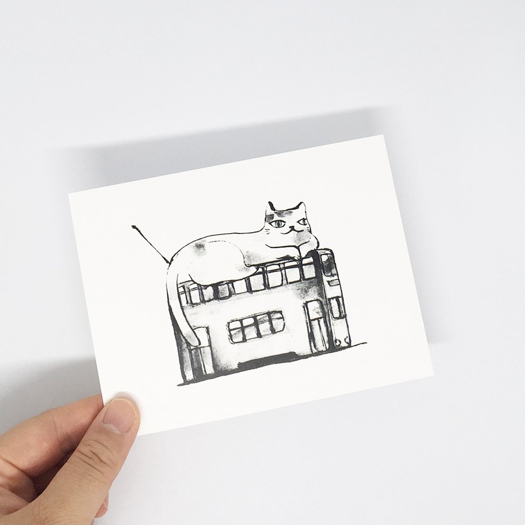<<猫咪搭叮叮 >> - 手绘香港风景明信片 - 卡片/明信片 - 纸 白色