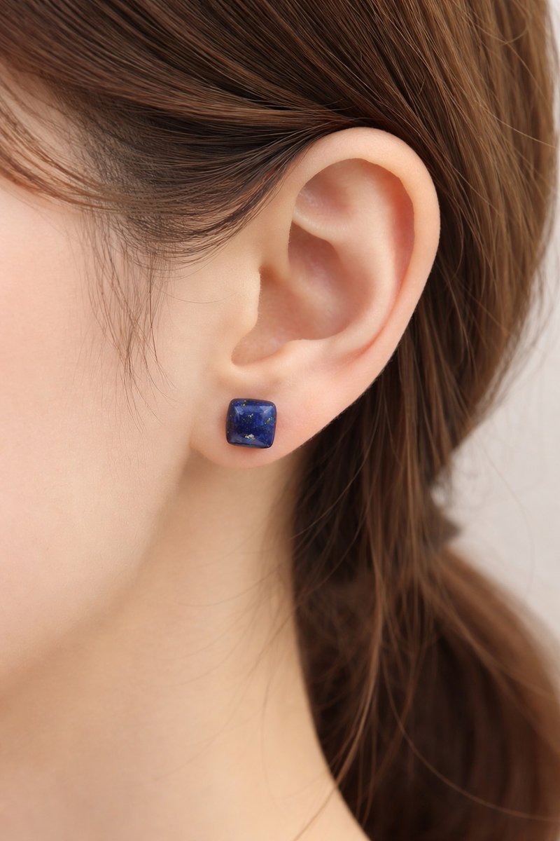 不易疼痛・无需穿孔 磁吸式无耳洞耳环 青金石 8mm 方形 软骨亦可配戴 天然石耳环 - 耳环/耳夹 - 石头 蓝色