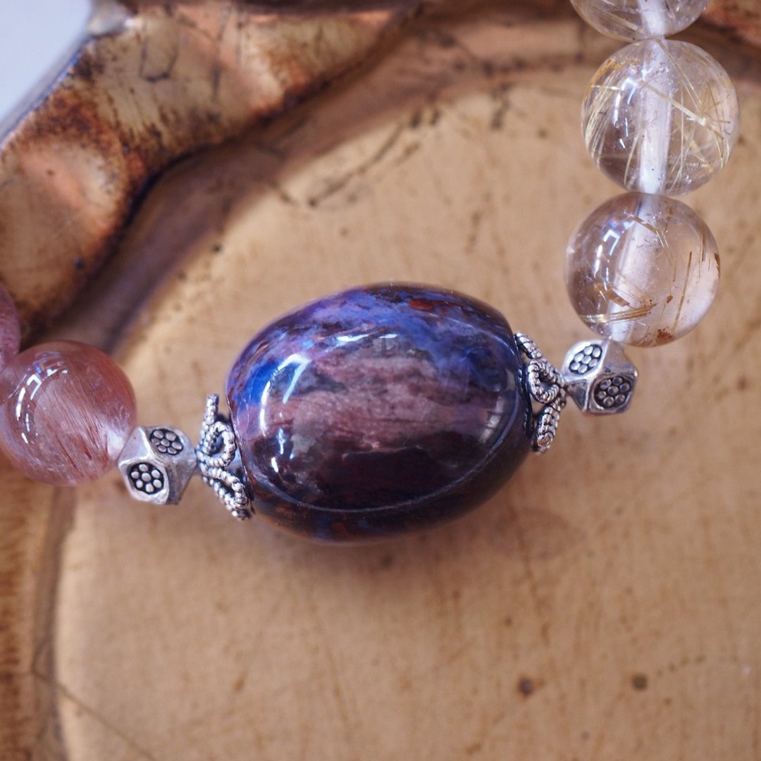大颗舒俱莱石 钛晶 红发晶 纯银手环 Sugilite Bracelet - 手链/手环 - 水晶 紫色