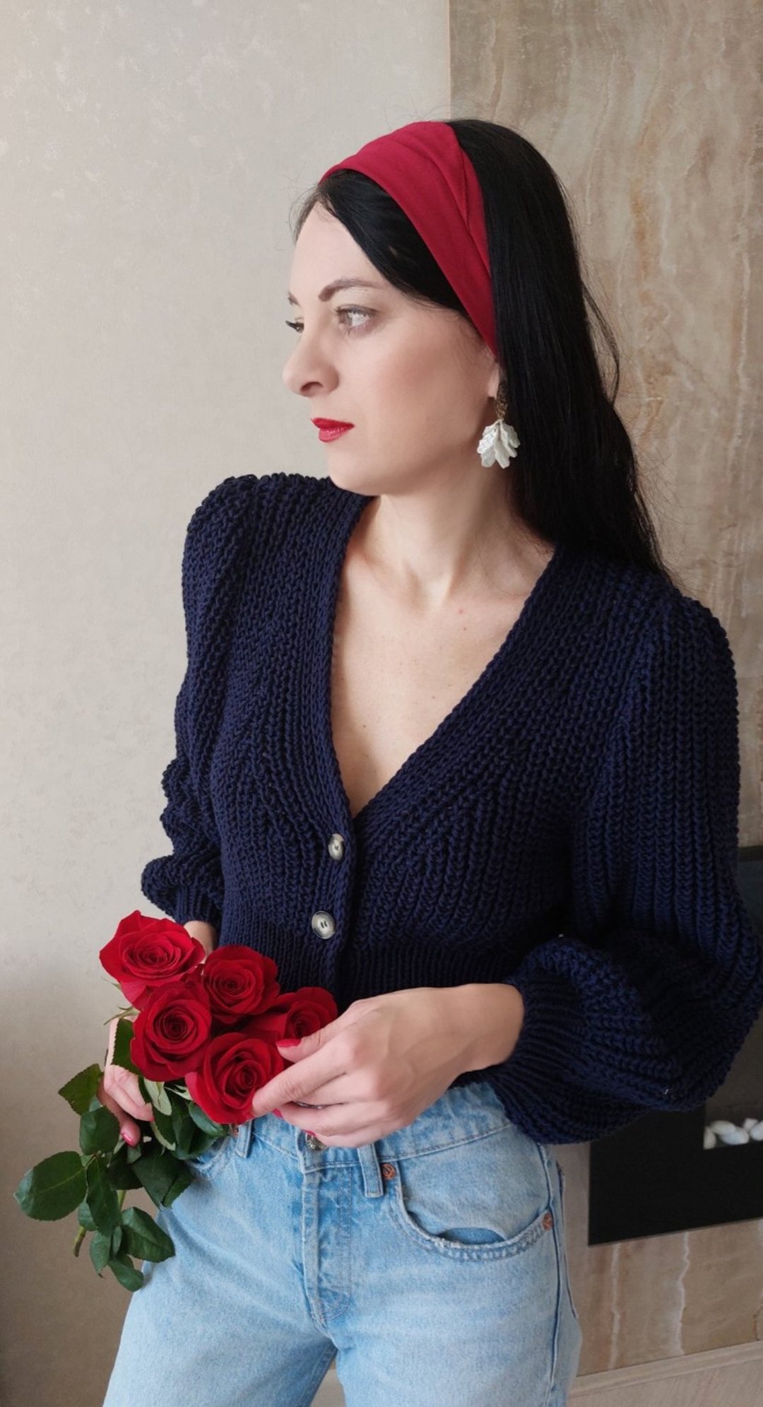 Button knit jacket Ribbed sweater Cropped sweater V neck cardigan Blue cardigan - 女装针织衫/毛衣 - 棉 