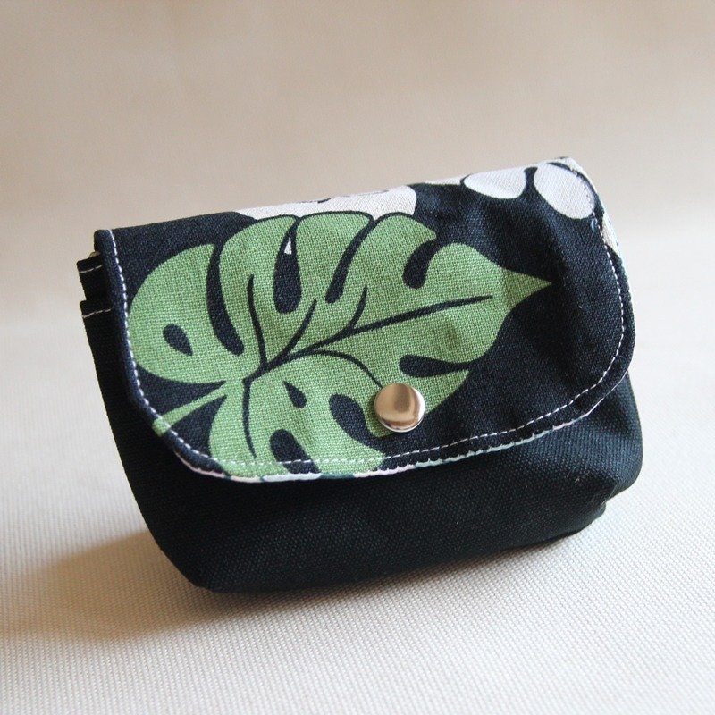 双层零钱包 黑色帆布热带植物 蔓绿绒手拿包 - 手拿包 - 棉．麻 绿色