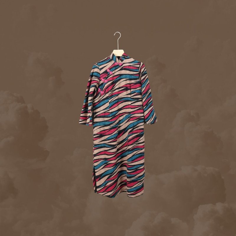 二手 紫红绿条纹 冬季 毛料 古董订制 长袖 旗袍 CA1125 - 洋装/连衣裙 - 聚酯纤维 多色