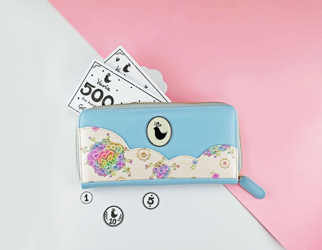 "Flower Bunch"Cloudy Curve Zip Around Long Wallet / Cow Leather 錢包- 皮革-財布 - 皮夹/钱包 - 真皮 蓝色