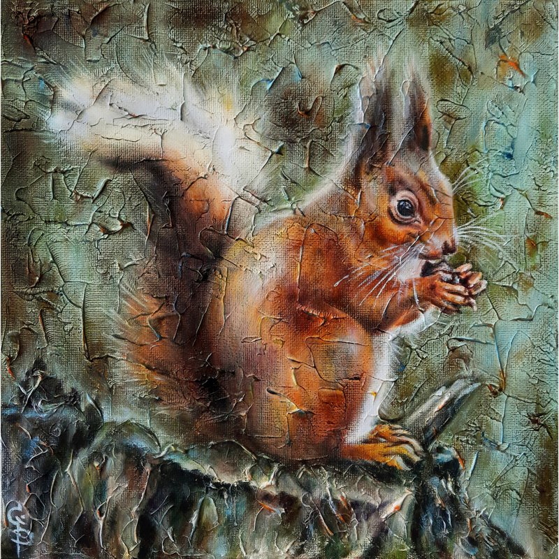 松鼠画布面板原创油画艺术品野生动物墙艺术 - 墙贴/壁贴 - 其他材质 多色
