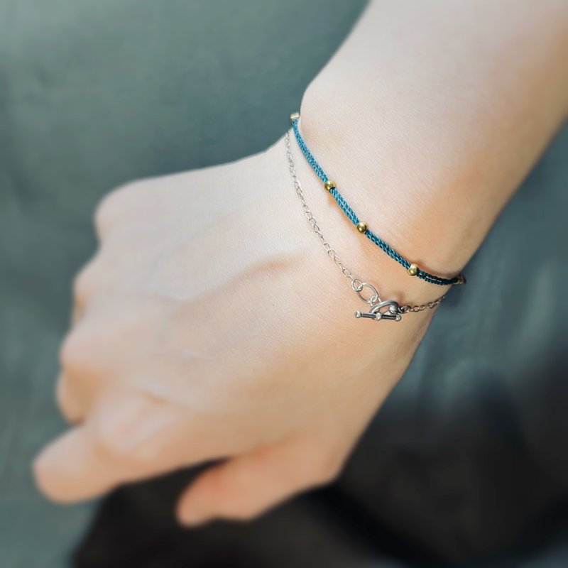 小心机 - 极细孔雀蓝黄铜珠伸缩绳结编织蜡线手环 蓝绿色极简绕旋 - 手链/手环 - 其他人造纤维 蓝色