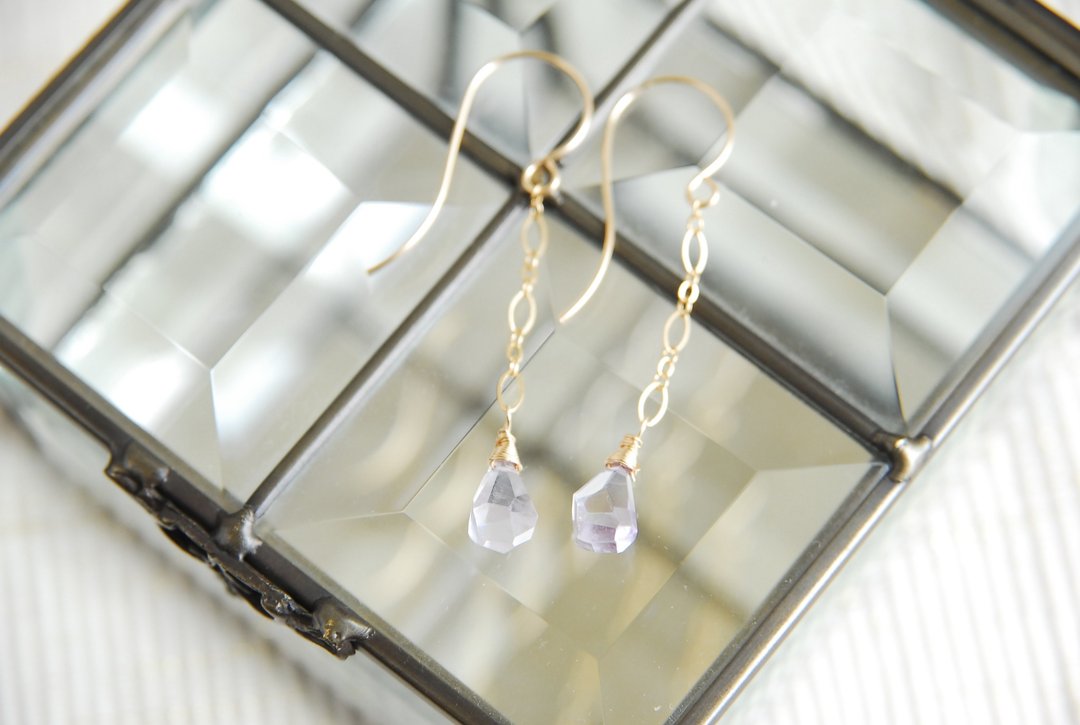 Resale Rough drop cut light color amethyst figaro chain earrings 14kgf - 耳环/耳夹 - 半宝石 紫色