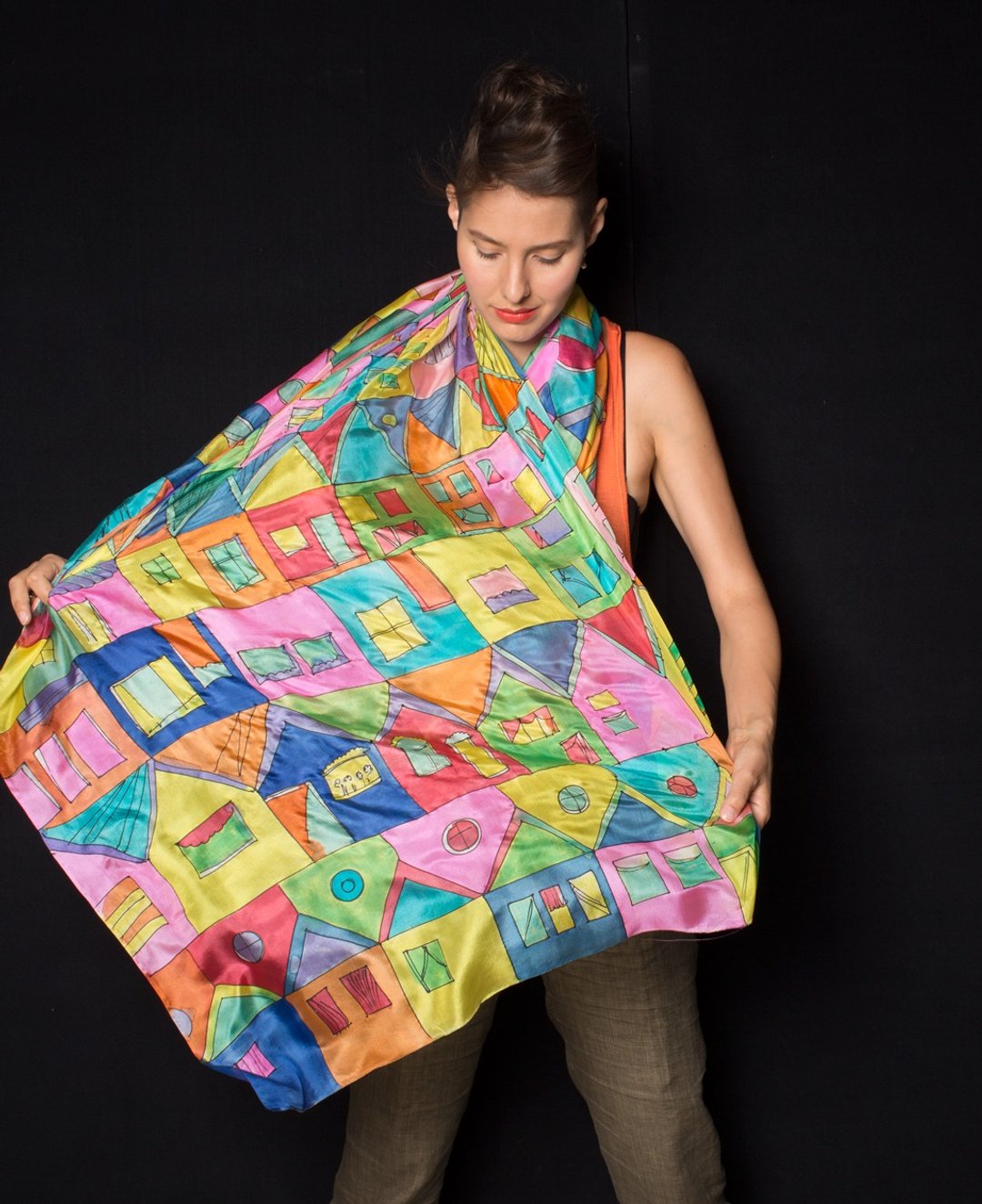 Silk Shawl Hand painted- Crazy Town. Hundertwasser scarf. Luxury Silk Scarf Wrap - 丝巾 - 丝．绢 多色