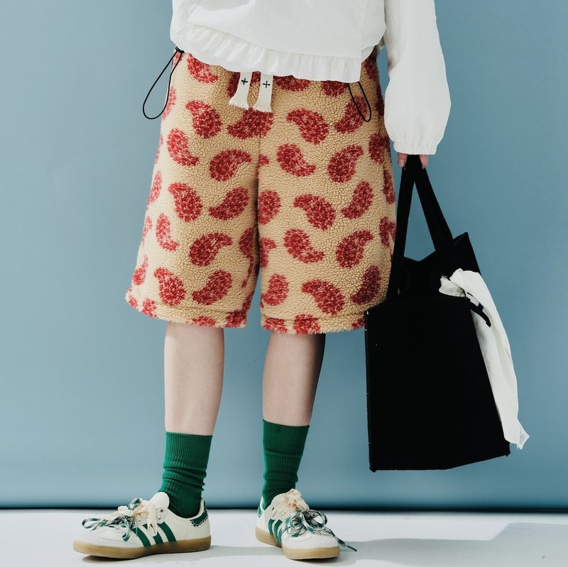 橘红勾玉羊羔毛绒休闲短裤 - 女装短裤 - 其他材质 红色