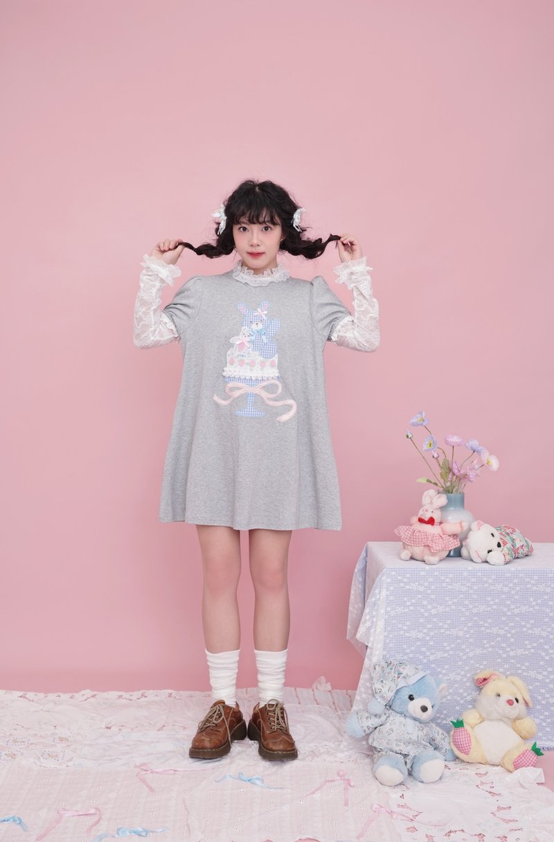 甜美少女 蛋糕玩偶 蝴蝶结泡泡袖连身裙 - 洋装/连衣裙 - 其他材质 灰色