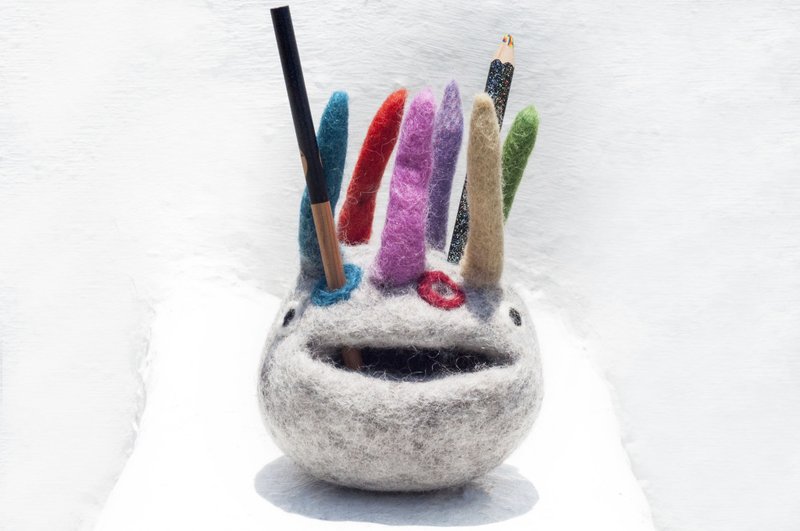 手工羊毛毡笔筒/文房具/笔筒/彩色羊毛毡笔筒-怪兽笔筒彩虹名片架 - 笔筒/笔座 - 羊毛 灰色