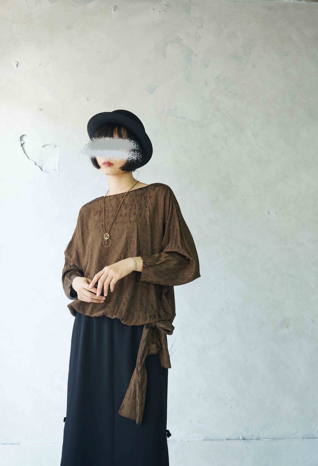 寻宝古着-复古优雅古铜金腰绑带宽松上衣 - 女装上衣 - 聚酯纤维 咖啡色