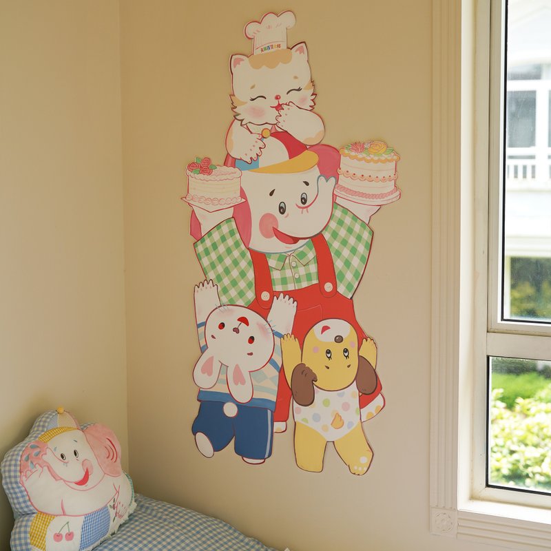 我要我要吃蛋糕 80s复古昭和 可爱动物 PU超大装饰门贴 印花 - 墙贴/壁贴 - 人造皮革 多色