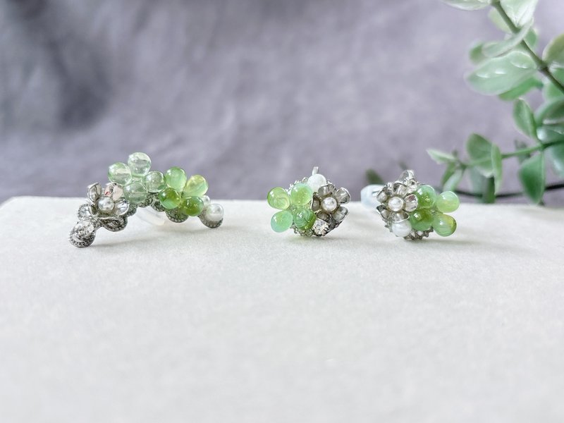 四叶幸运光 ─ 耳骨夹耳环套组 苹果绿 - 耳环/耳夹 - 玻璃 绿色