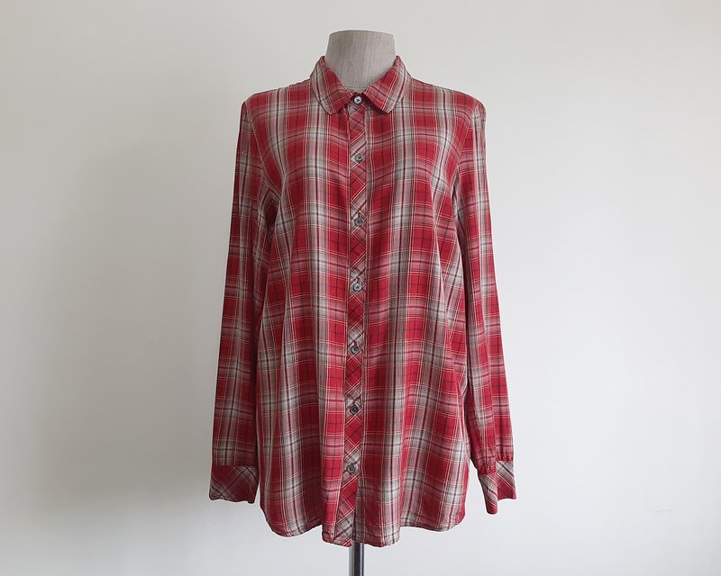 J.JILL 复古红格纹衬衫 女款 格纹长袖 翻领衬衫 M号 - 女装上衣 - 聚酯纤维 红色