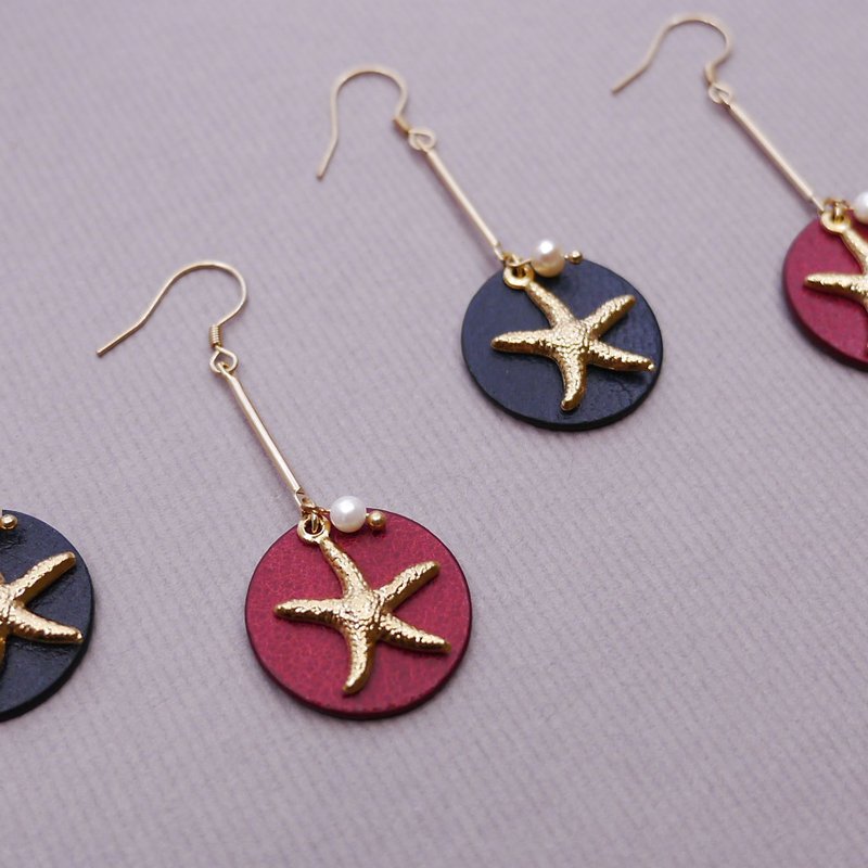 海星_ 墨蓝色。红色皮革耳环  【银镀14K金耳针】 - 耳环/耳夹 - 真皮 蓝色