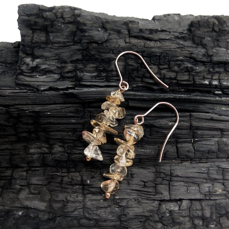 天然水晶 黄水晶随形石耳环 招财 能量 事业 玫瑰金 开运水晶 - 耳环/耳夹 - 水晶 