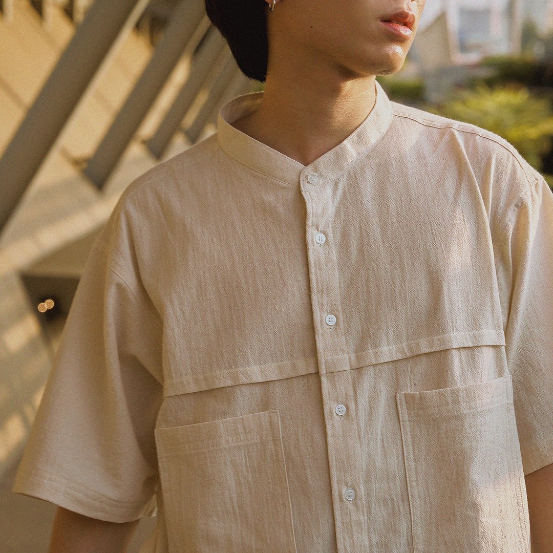 天然白中领棉服 - 男装衬衫 - 棉 白色