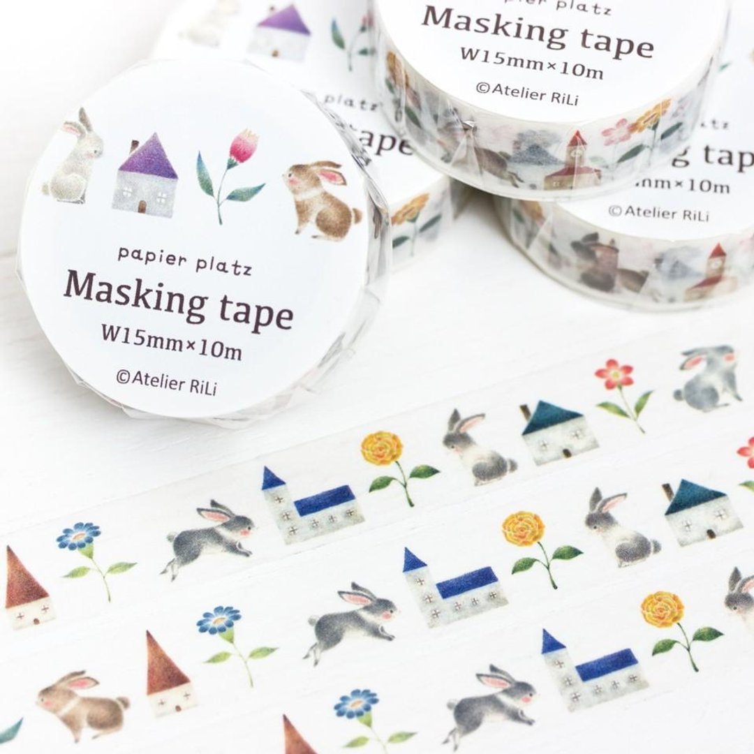 2 pieces set. Masking tape "Rabbit and colorful flowers and house" MT-2 - 纸胶带 - 纸 多色