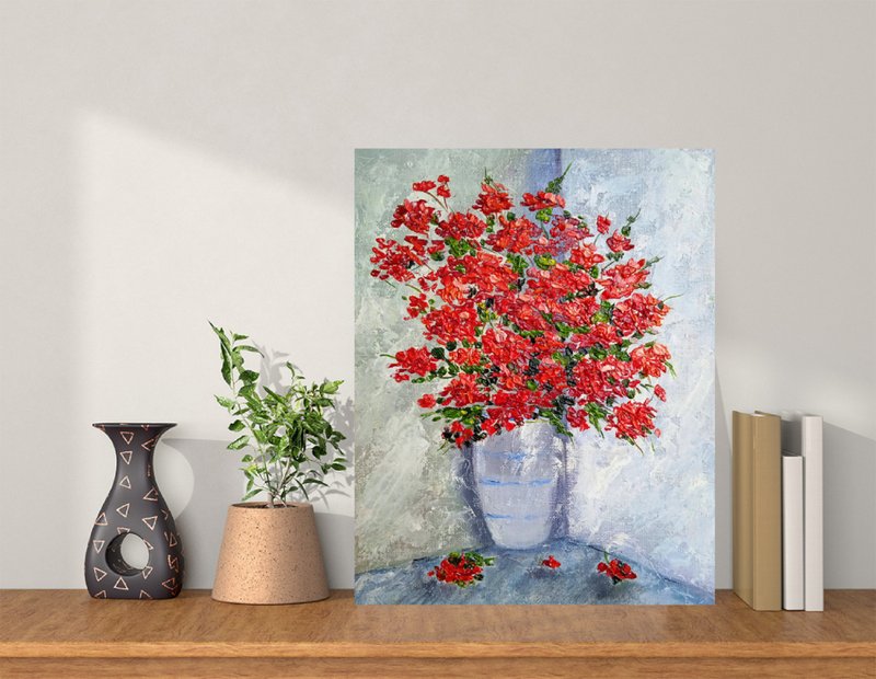油画明亮的红色花朵在一个白色的花瓶Impasto艺术25x20厘米 - 摆饰 - 其他材质 多色