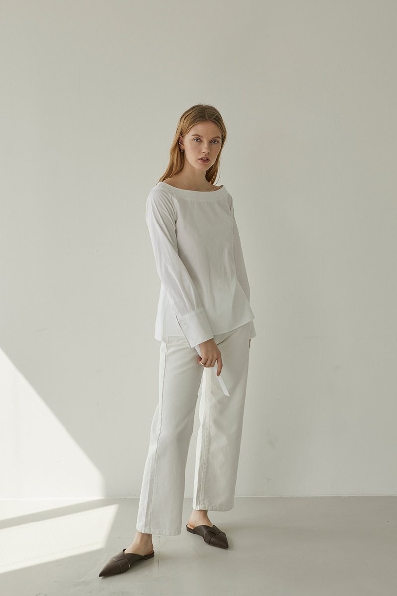 经典日常丹宁宽裤/ 象牙白 - 女装长裤 - 棉．麻 白色