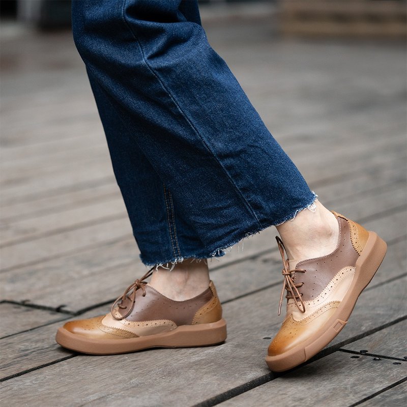 布洛克雕花女鞋圆头系带拼色女鞋 - 其他女款皮鞋 - 真皮 红色