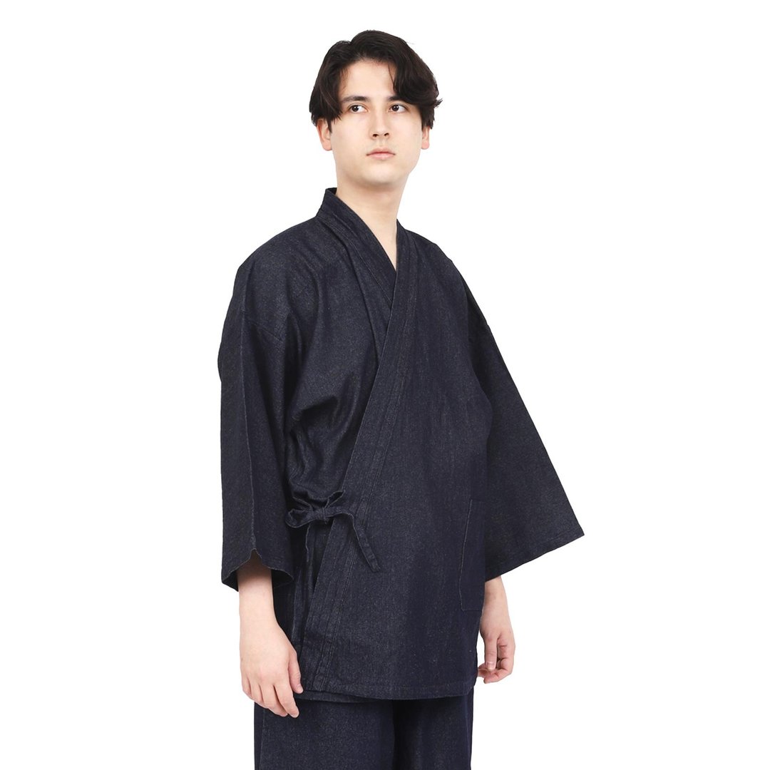 丹宁作务衣 男款 100% 纯棉 和风工作服套装 深蓝色 日式风格 - 居家服/睡衣 - 棉 蓝色