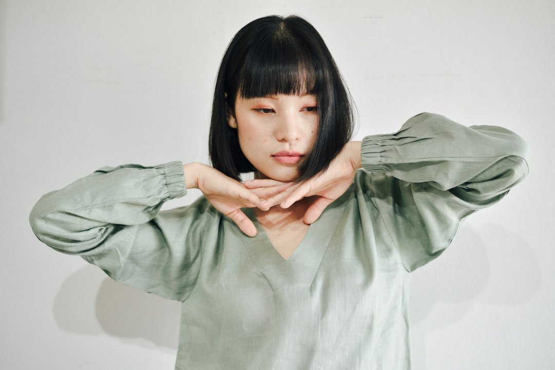 LINEN DRESS-GREEN COLOR-LONG SLEEVE - 洋装/连衣裙 - 棉 绿色