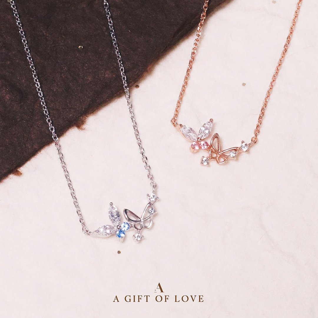 L'amour 优雅蝴蝶项链 (玫瑰金) - 项链 - 纯银 