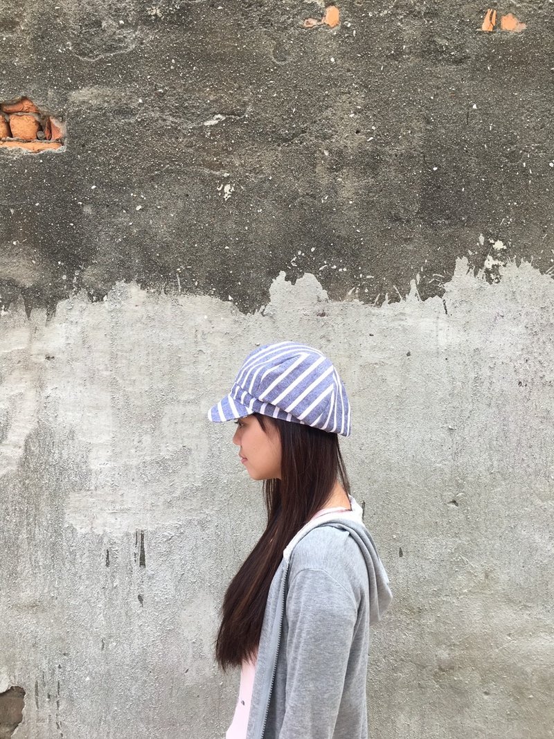 *悠闲条纹灰蓝 报童帽/造型帽 * - 帽子 - 棉．麻 蓝色
