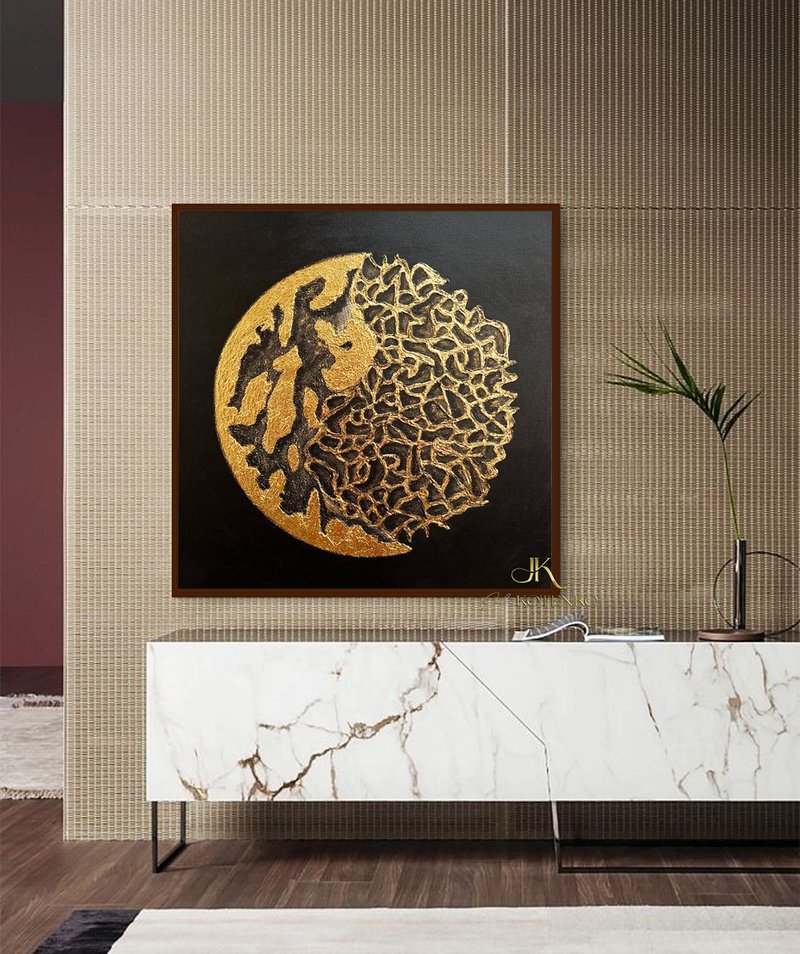 大型抽象黑金画布纹理绘画 - 墙贴/壁贴 - 棉．麻 黑色