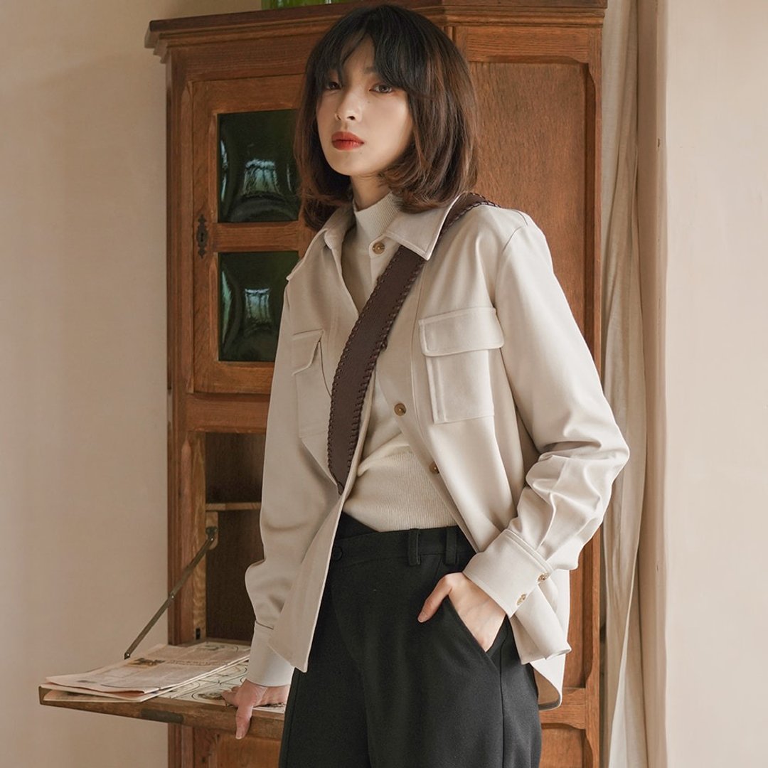 宽松翻领工装长袖衬衫|外套|上衣|秋冬款|羊毛混纺|Sora-619 - 女装衬衫 - 羊毛 
