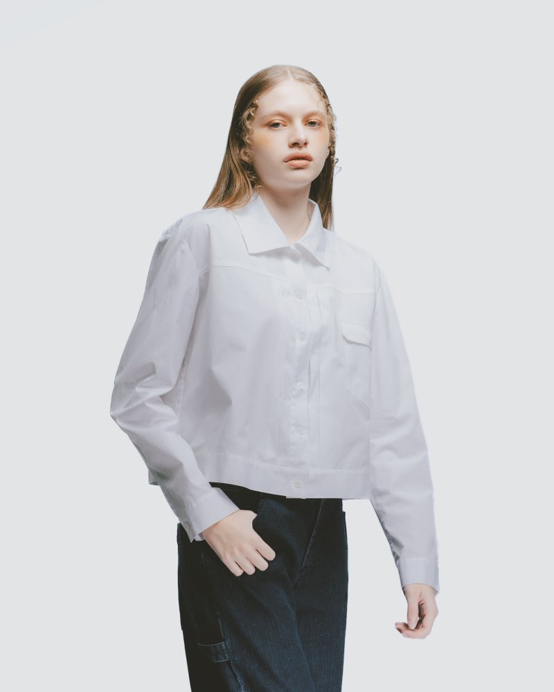 复古感工装短版衬衫 (白色) - 女装衬衫 - 棉．麻 白色