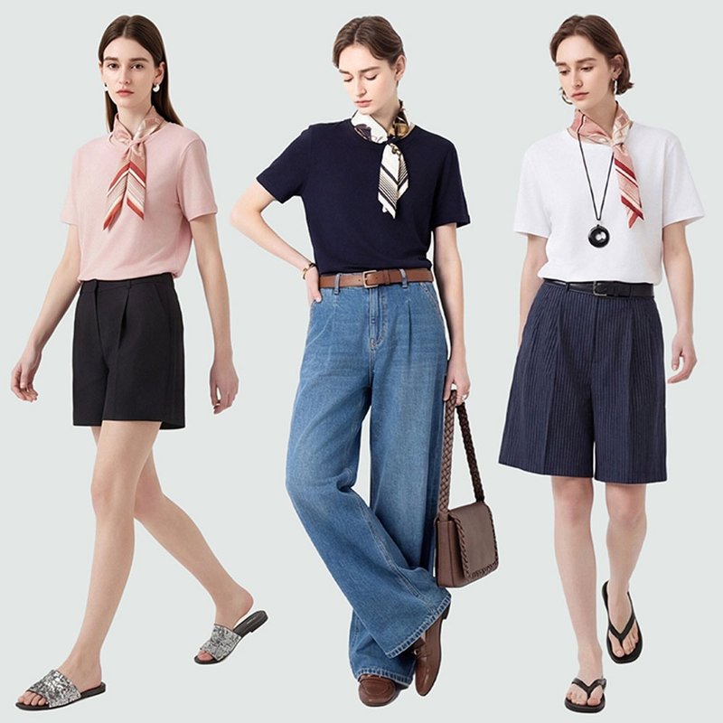 復古天絲羊毛短袖T恤 / 可拆卸絲巾垂墜裸感 / 親膚百變穿搭款 - 女装 T 恤 - 羊毛 多色