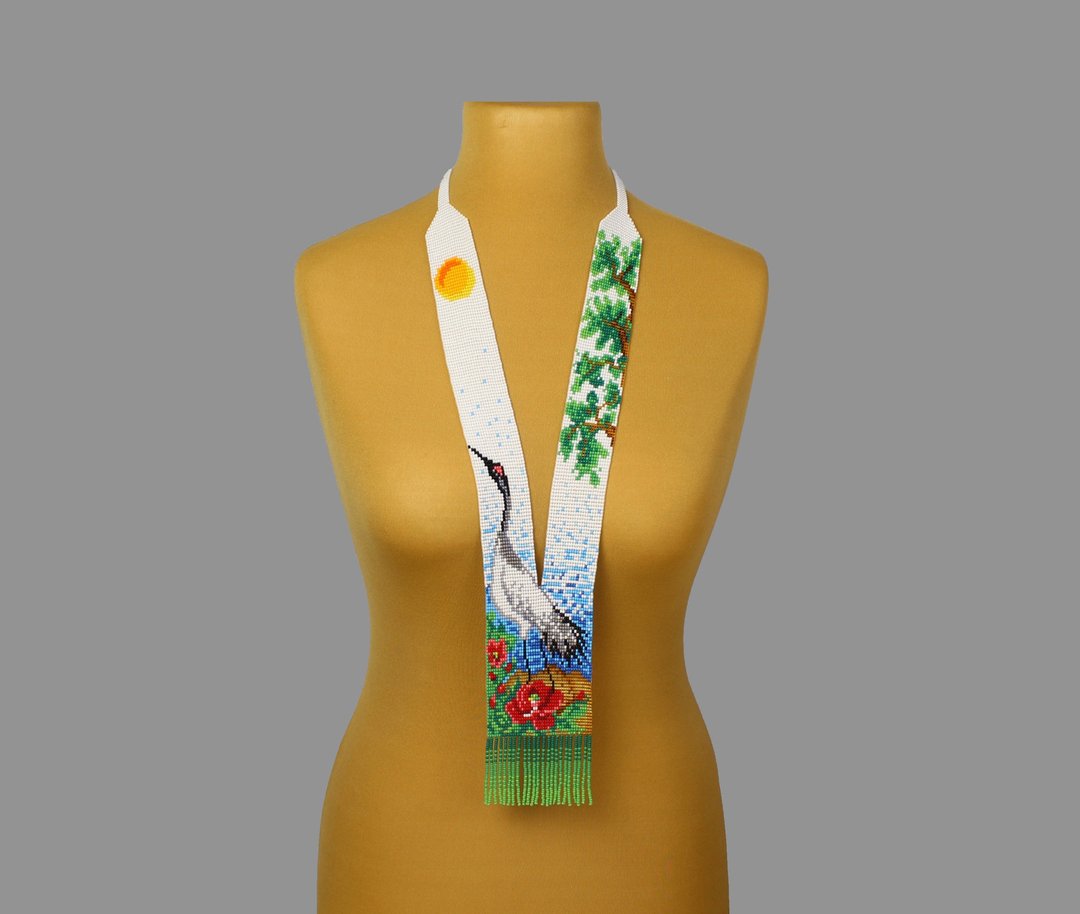Bird beaded necklace statement seed bead long necklace - 项链 - 玻璃 白色