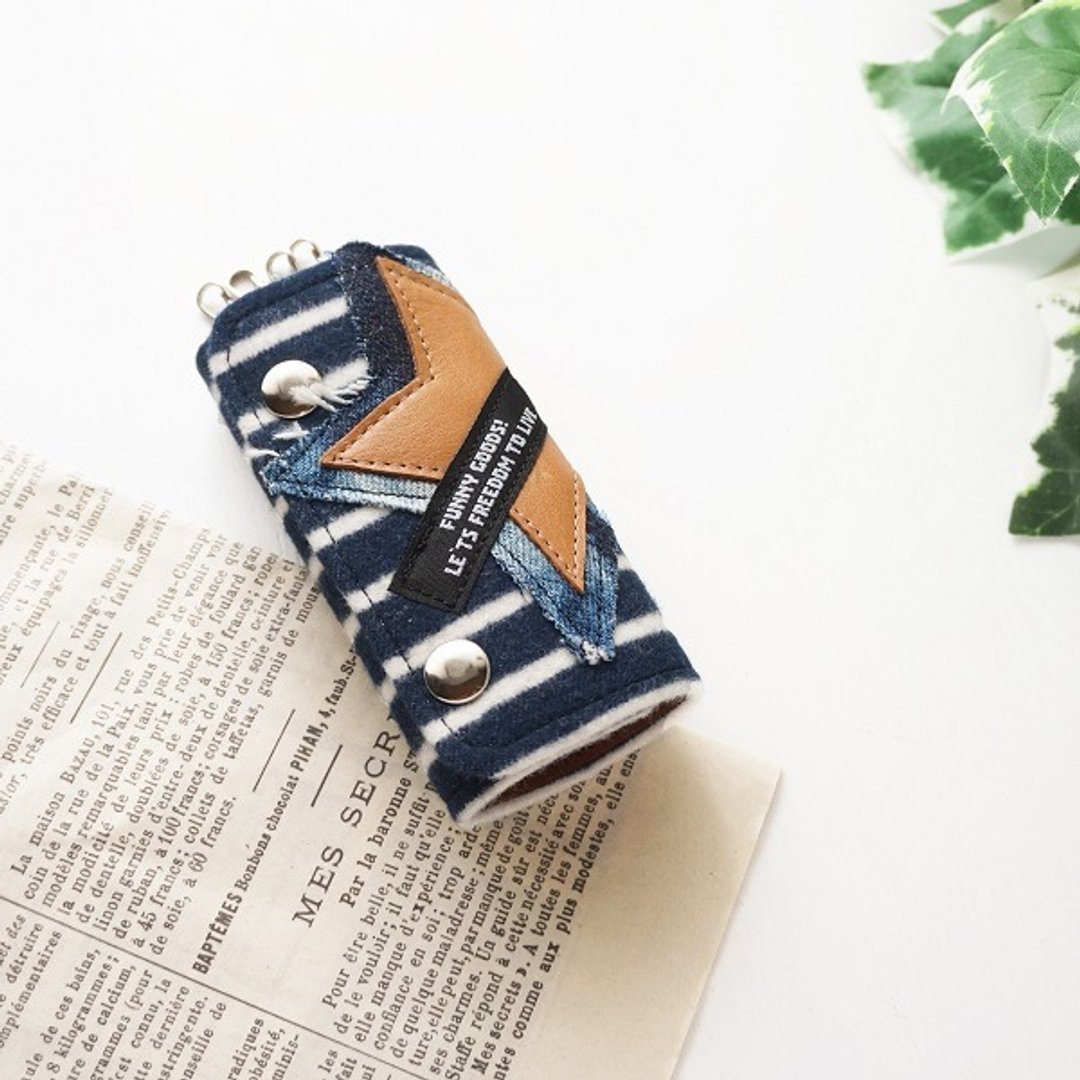4-piece key case of star type leather "raised border" navy - 钥匙链/钥匙包 - 棉 蓝色