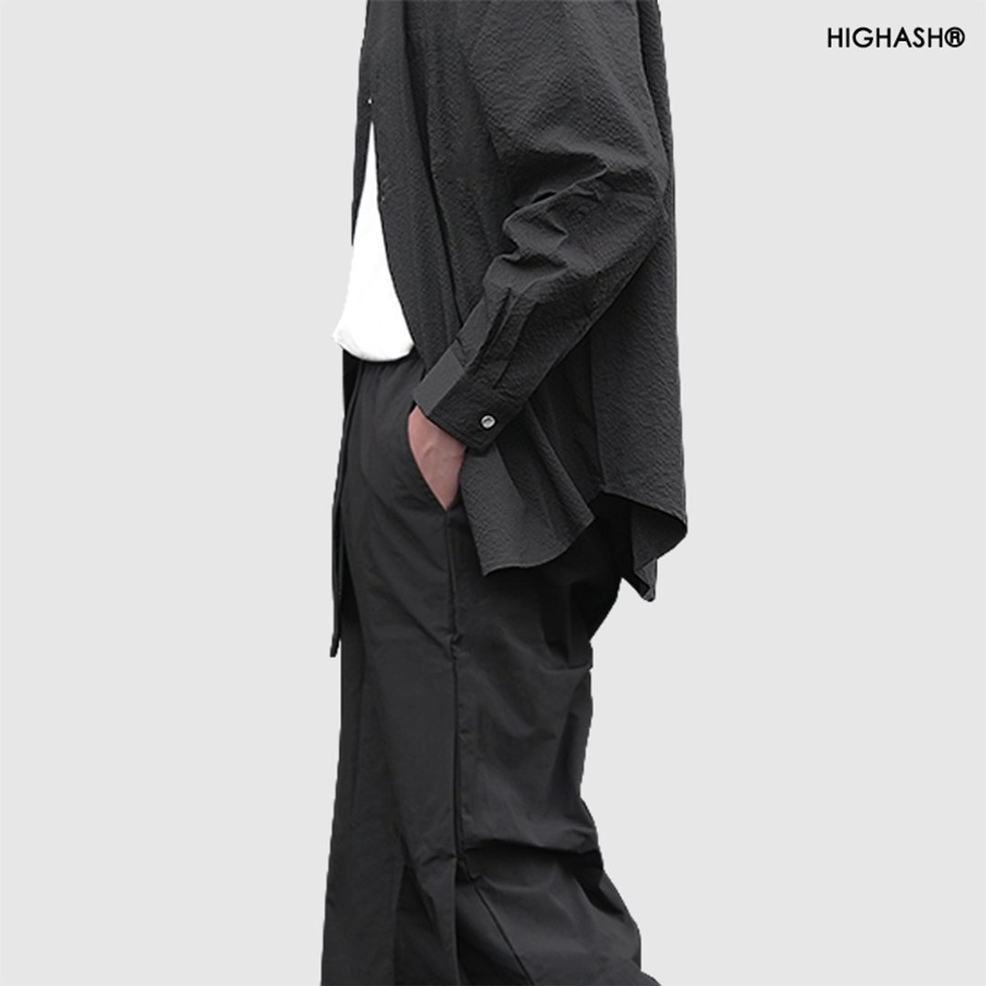 HIGHASH泡泡纱肌理褶皱高街秋季休闲宽松长袖衬衫高级灰原创设计 - 男装衬衫 - 其他材质 黑色
