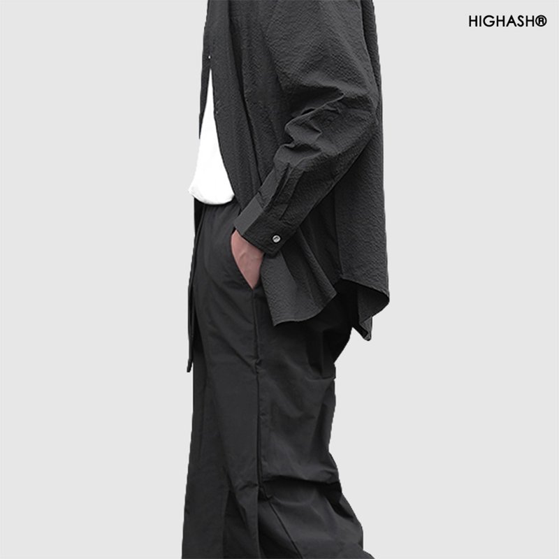 HIGHASH泡泡纱肌理褶皱高街秋季休闲宽松长袖衬衫高级灰原创设计 - 男装衬衫 - 其他材质 黑色
