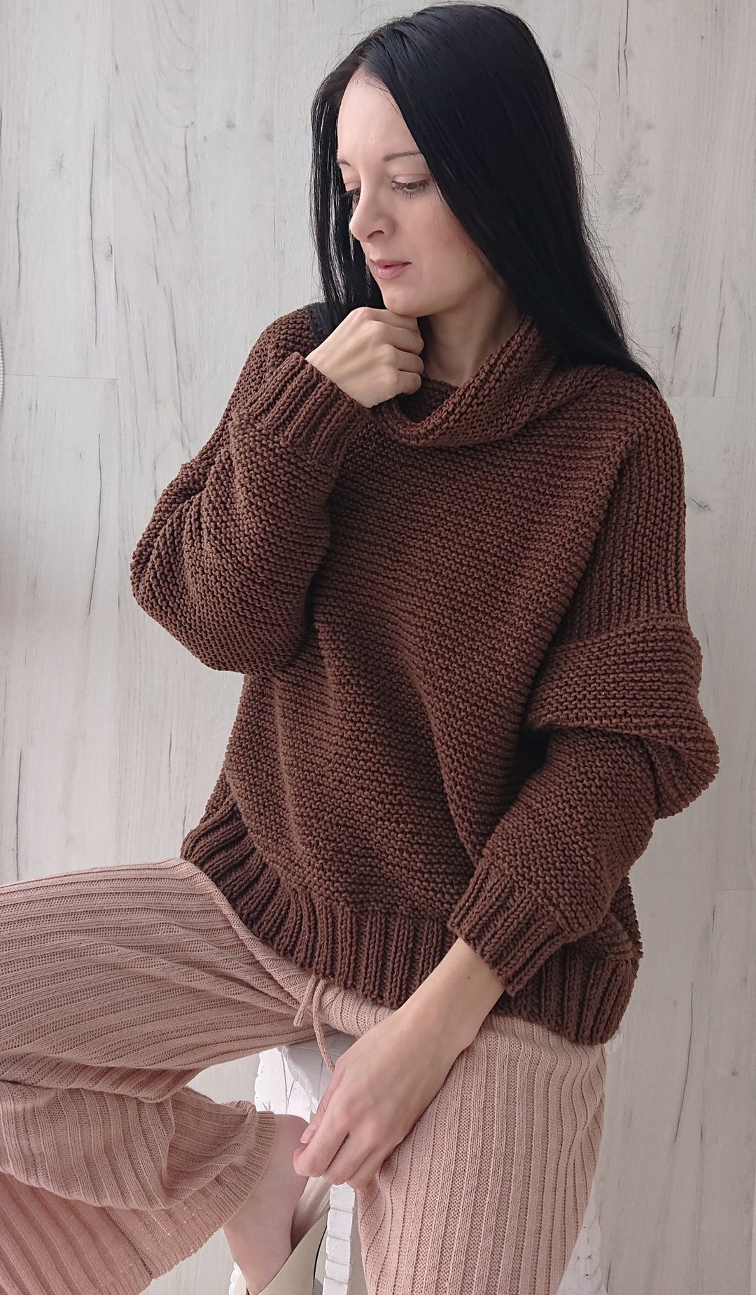Brown ribbed sweater Autumn winter turtleneck Loose knit sweater Cotton pullover - 女装针织衫/毛衣 - 棉 