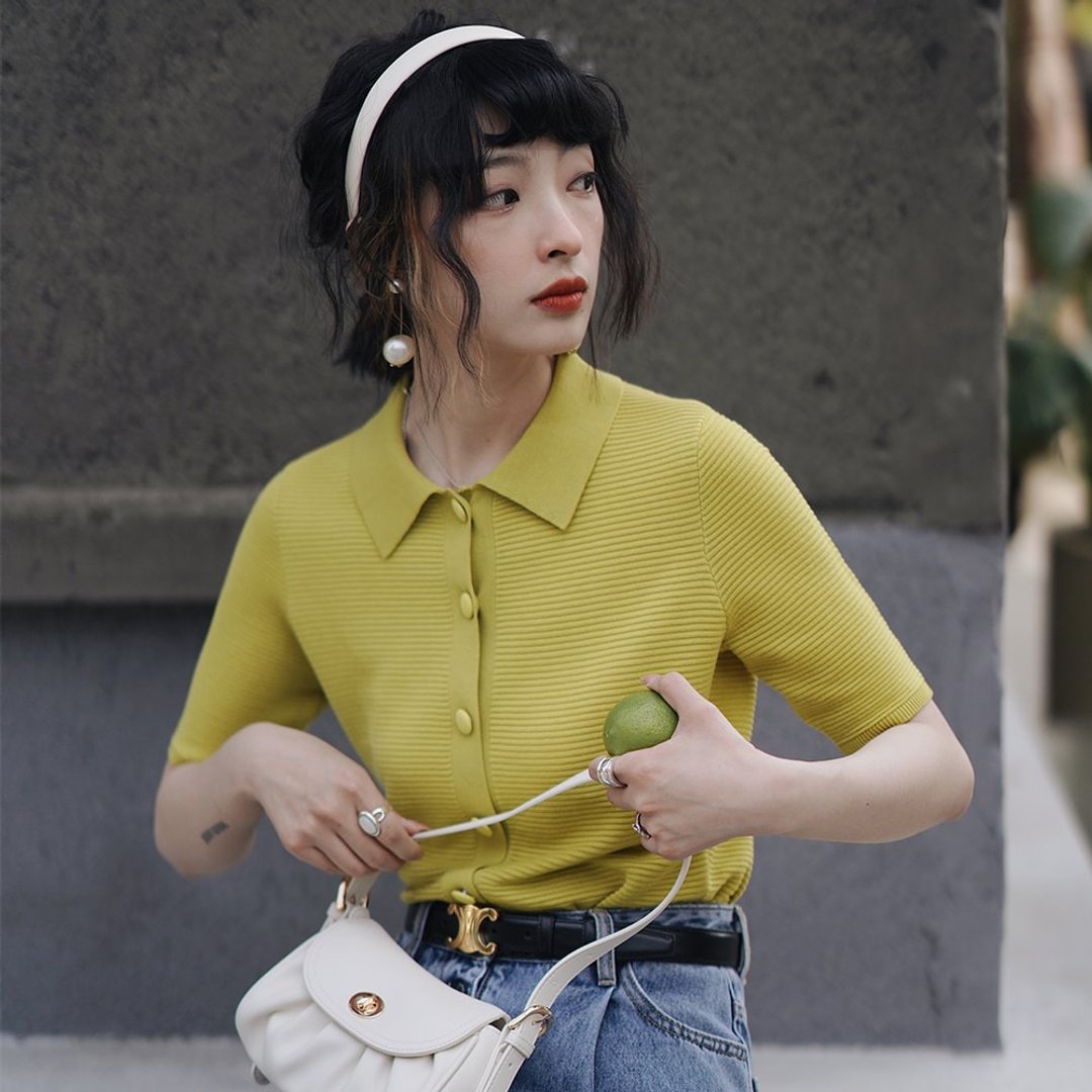 翻领针织短袖衫|针织衫|两色|夏春款|Sora-936 - 女装针织衫/毛衣 - 其他人造纤维 多色