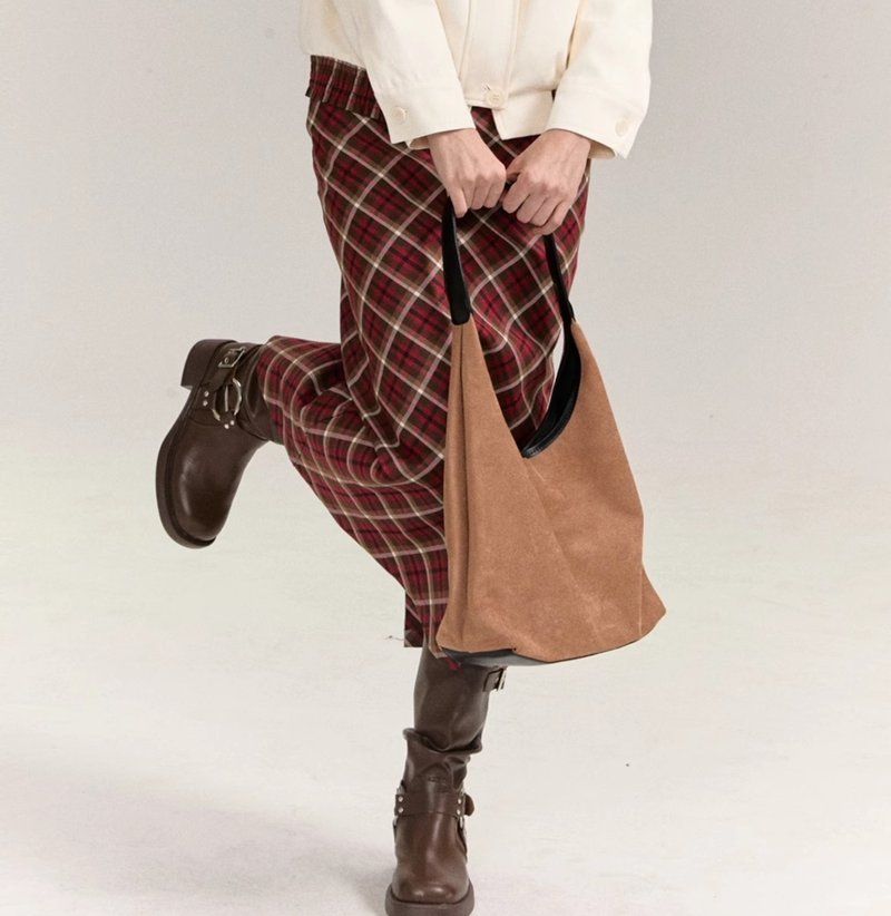 美式复古 红格纹半身裙秋冬直筒a字长裙 - 裙子 - 其他材质 红色