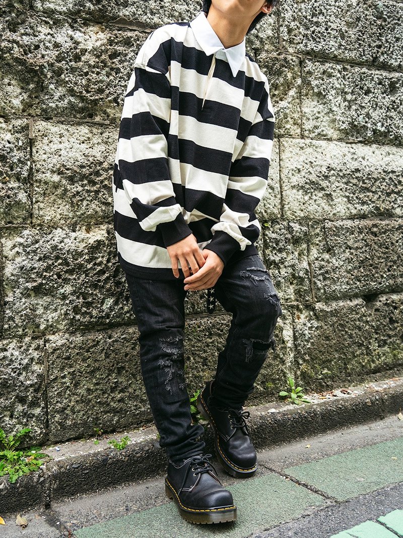 条纹宽版衬衫/黑色/白色/F 尺寸/hellcatpunks/hcp-t-0276 - 女装上衣 - 棉．麻 黑色